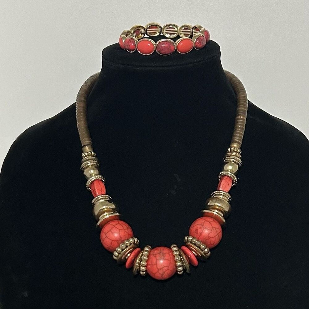 Orange Chunky Wood Bead Necklace & Matching Elastic Bracelet Set Gold Tone EUC